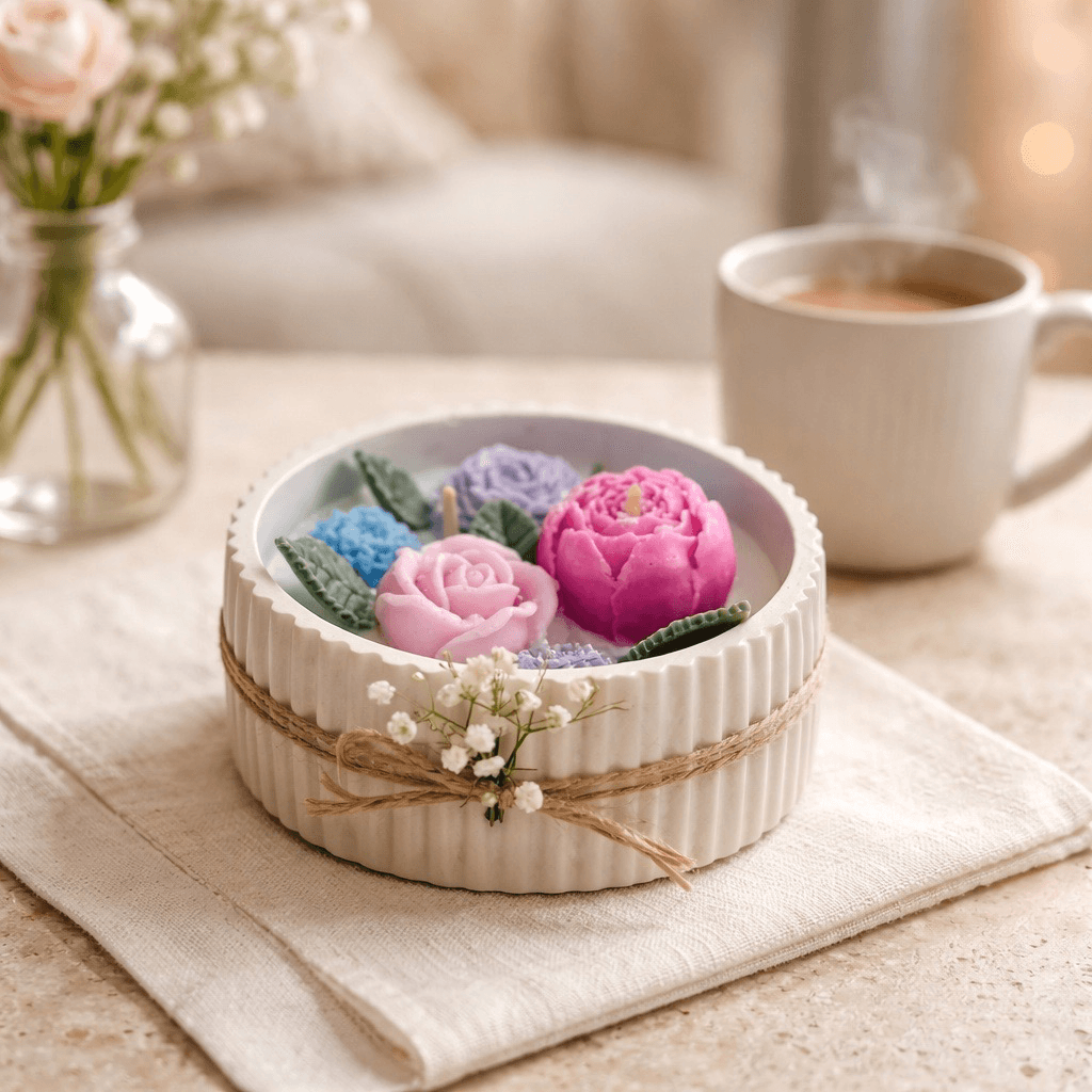 A medium candle in a plaster casing A medium candle in a plaster casing